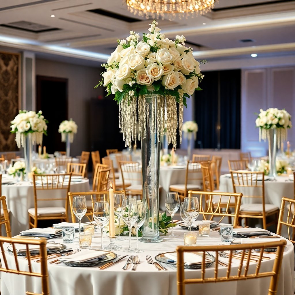 Elegant wedding table setting with tall flower centerpieces, white roses, and gold accents, luxury wedding reception.