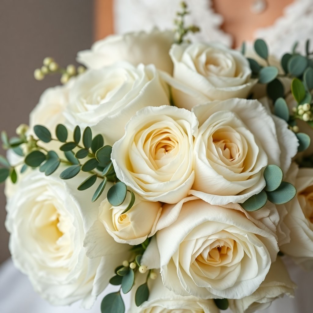 Close up of a romantic bridal bouquet with white roses, peonies, and eucalyptus sprigs.