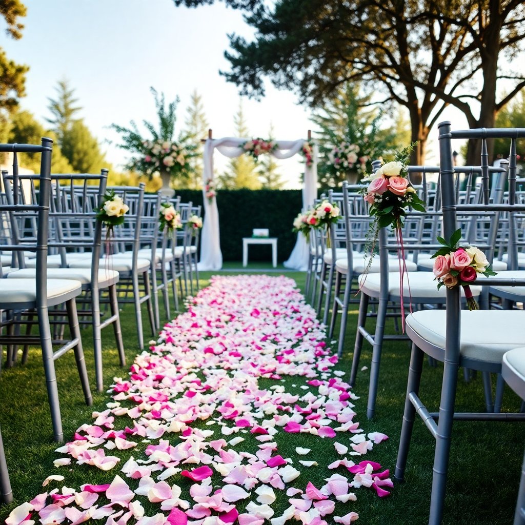 Wedding aisle decoration with flower petals and small bouquets on chairs, outdoor garden wedding.