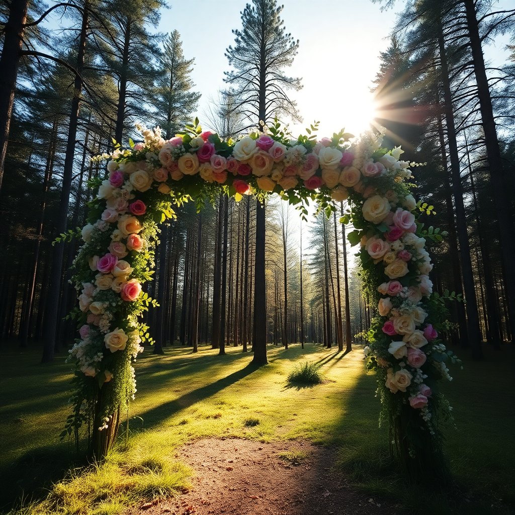 Full height shot of a beautiful floral wedding arch in a forest clearing, soft sunlight.