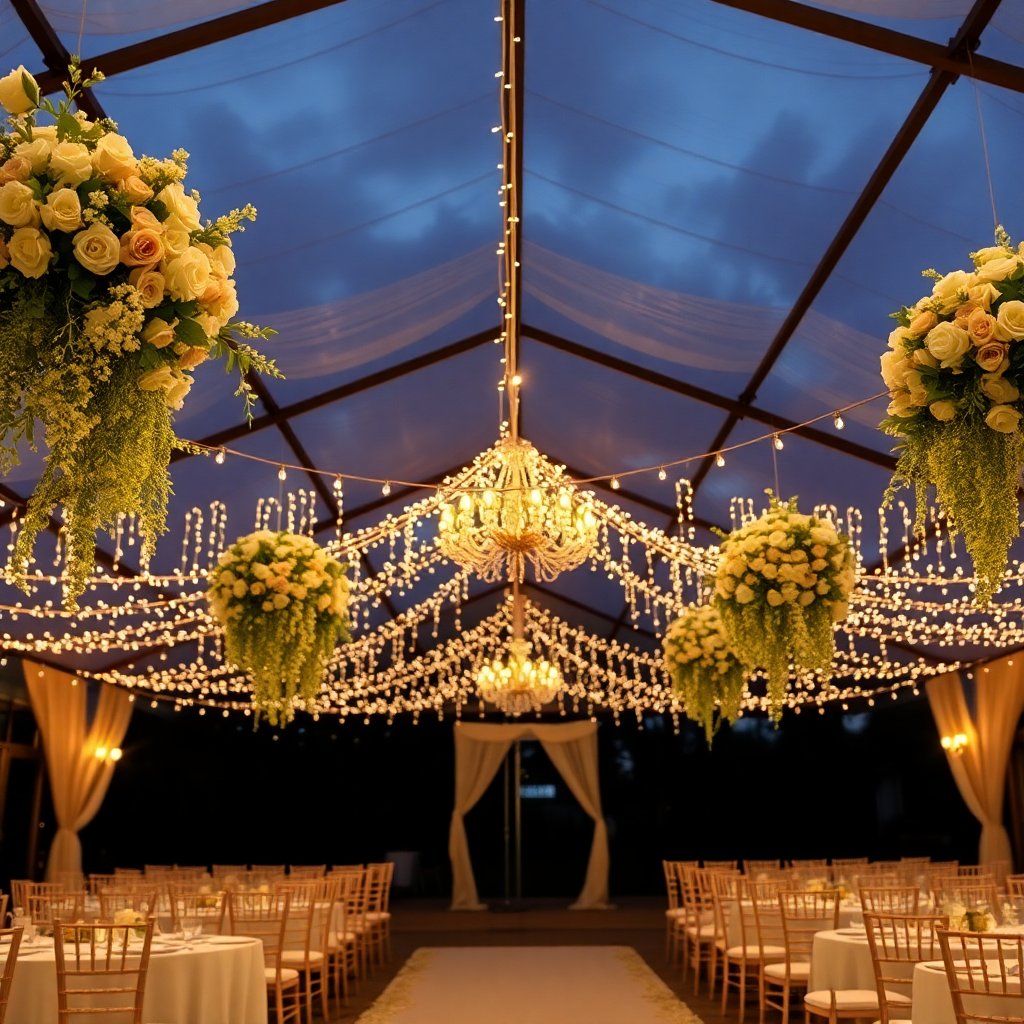Panoramic shot of a wedding venue decorated with hanging flowers and fairy lights, evening atmosphere.