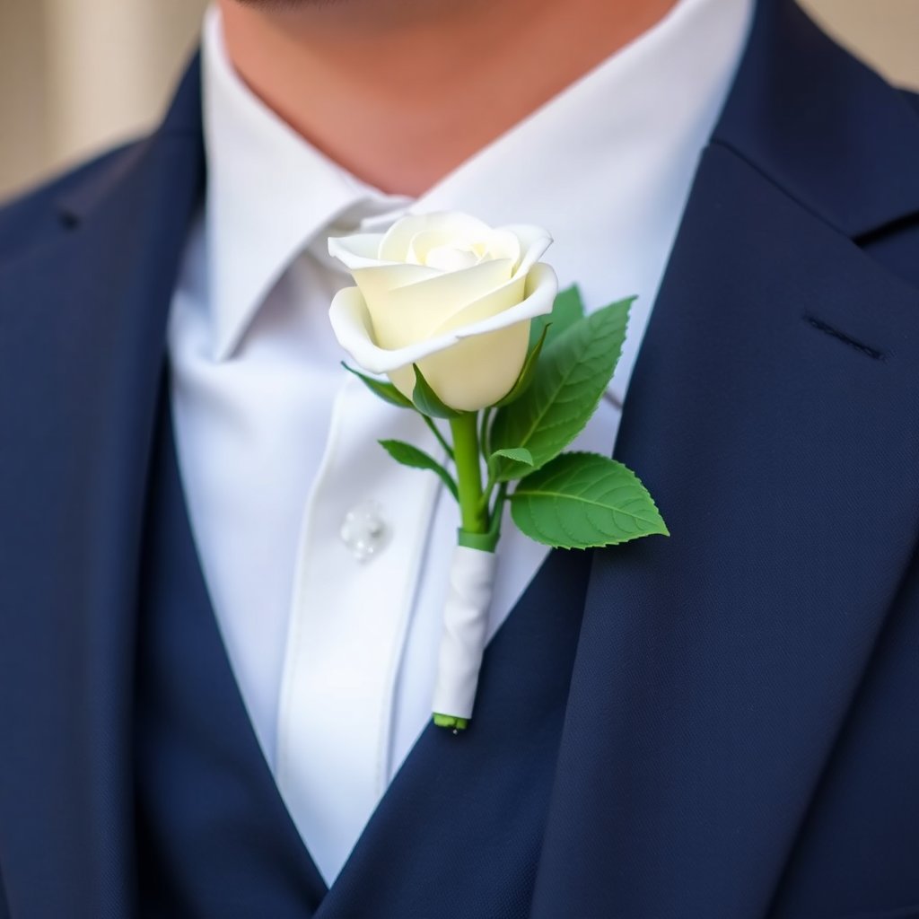 Detail of a boutonniere with a small white rose and green leaf on a groom