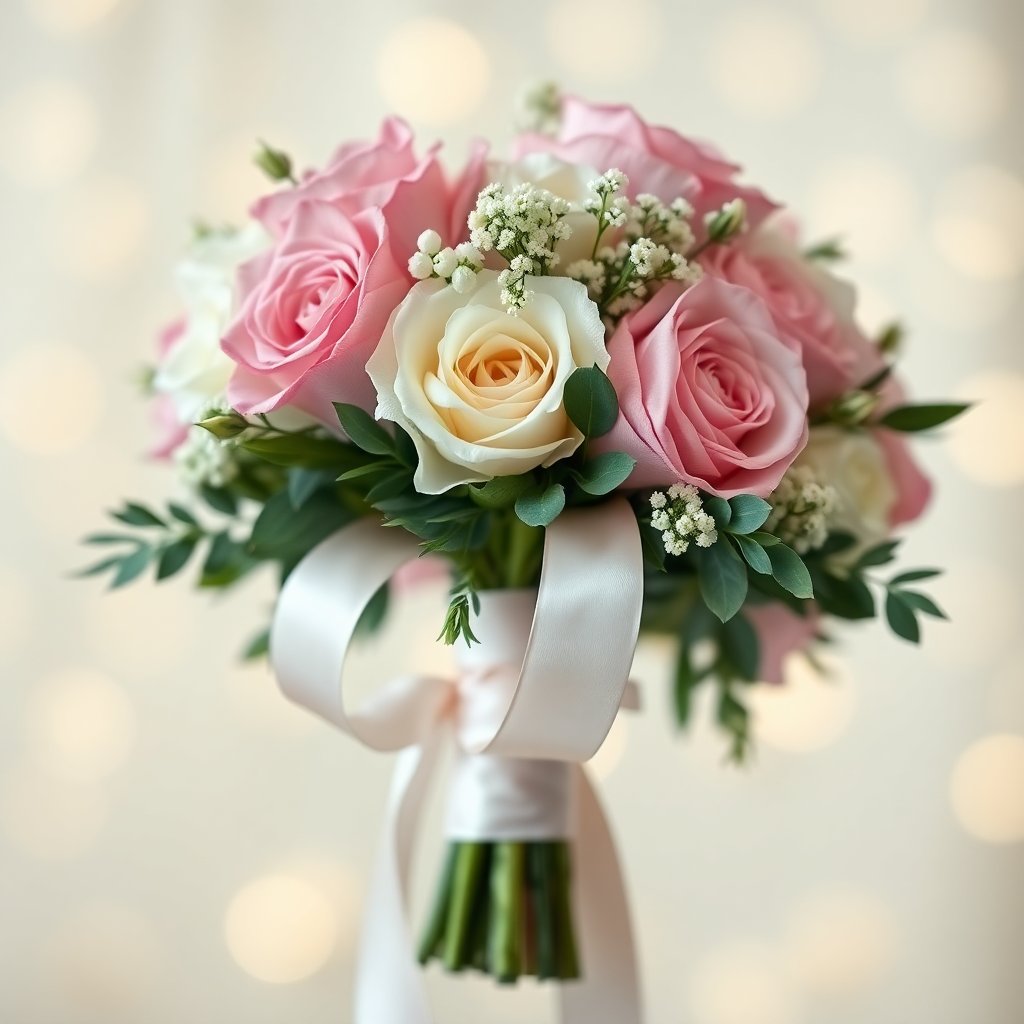 A romantic bridal bouquet with silk ribbons, soft bokeh background, high fashion florist style, soft natural light