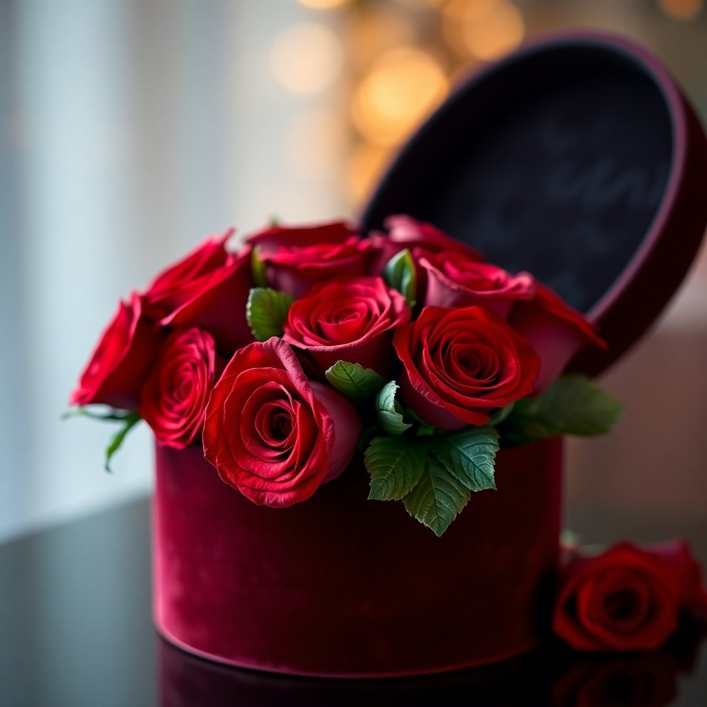 A luxury velvet flower box with red roses and gold accents, soft bokeh background, high fashion florist style