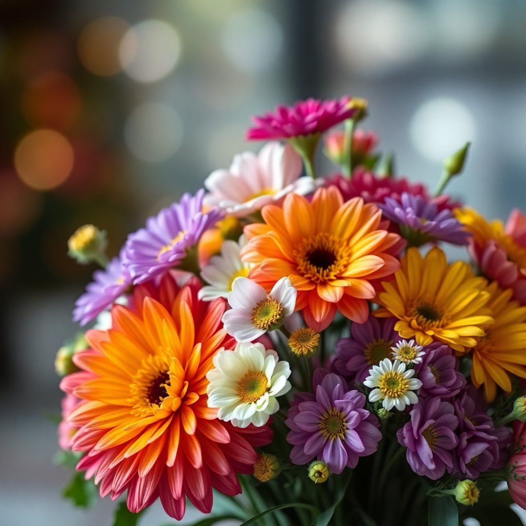 A vibrant seasonal flower bouquet, soft bokeh background, high fashion florist style, elegant arrangement
