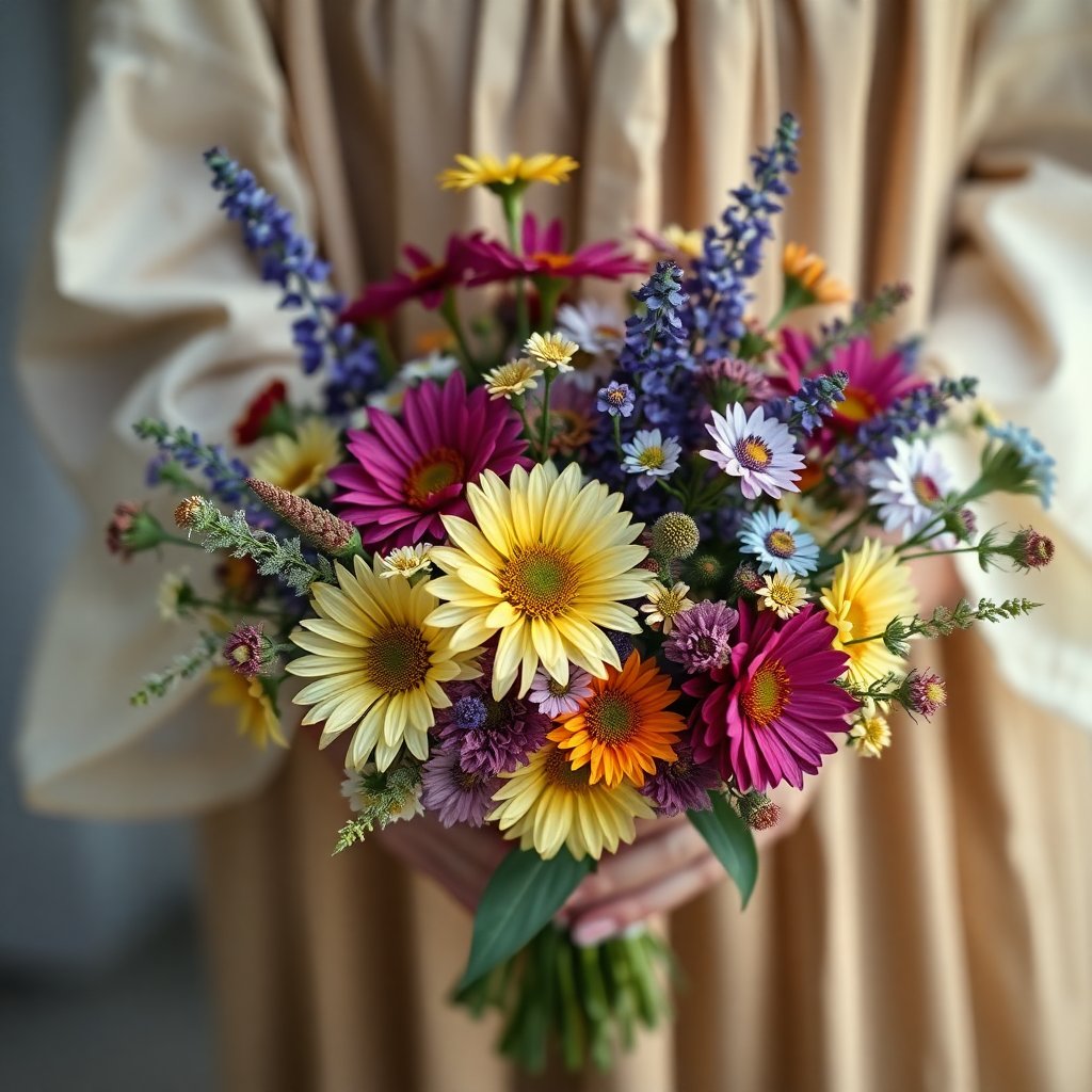 Close up of a colorful wildflower bouquet held by a person in a linen dress, natural lighting, artistic composition.