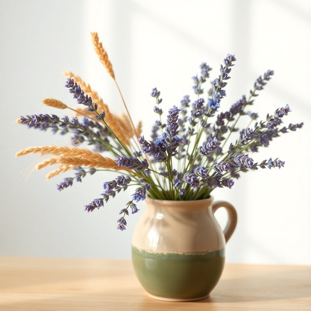 Artistic arrangement of dried lavender and wheat in a ceramic vase, soft morning light.