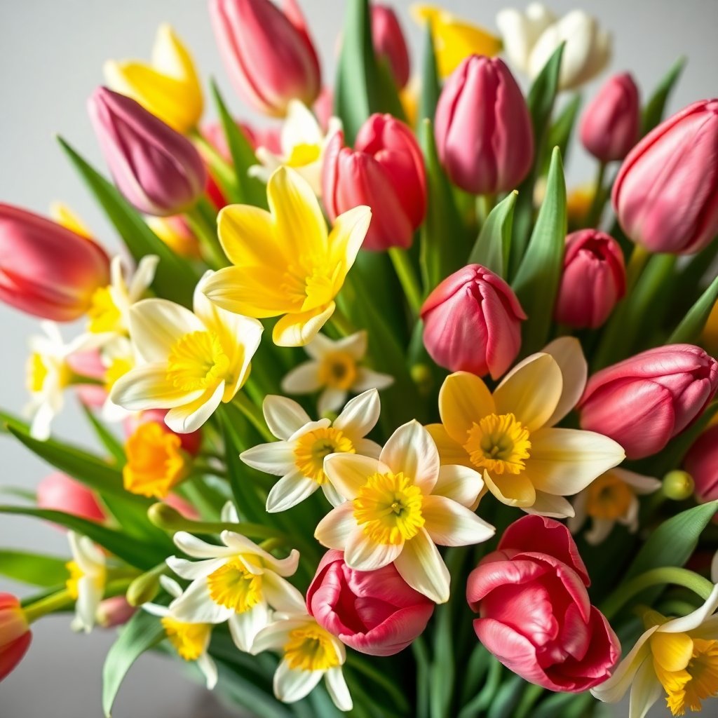 Vibrant spring bouquet with tulips and narcissus, bright and airy photography.