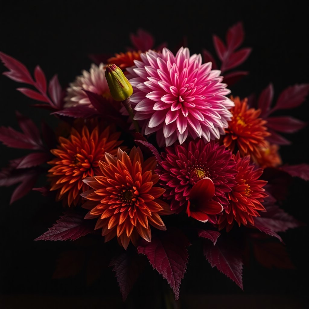 Autumnal bouquet with dahlias and deep red leaves, moody lighting.