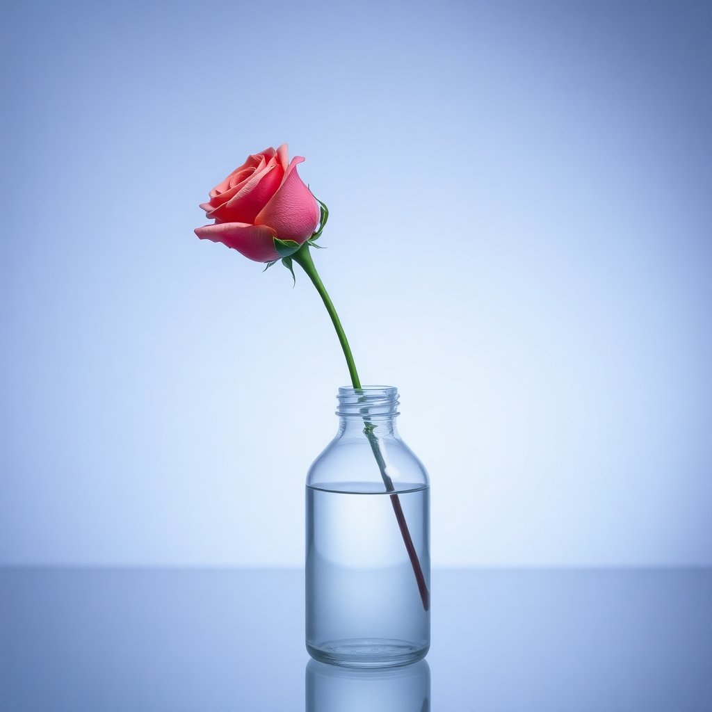 Minimalist single rose in a glass bottle, elegant and simple composition.