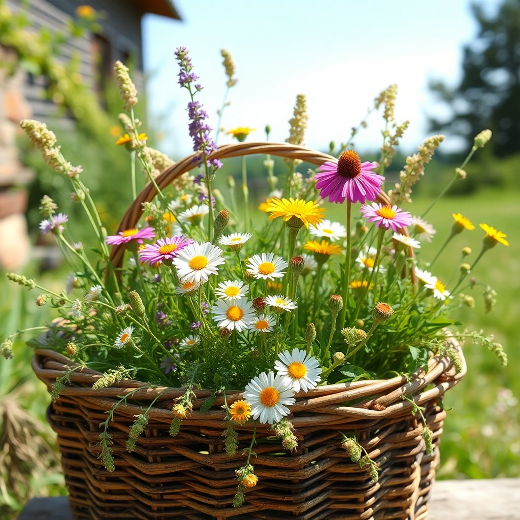 Wild meadow flowers in a rustic basket, sunny outdoor setting.