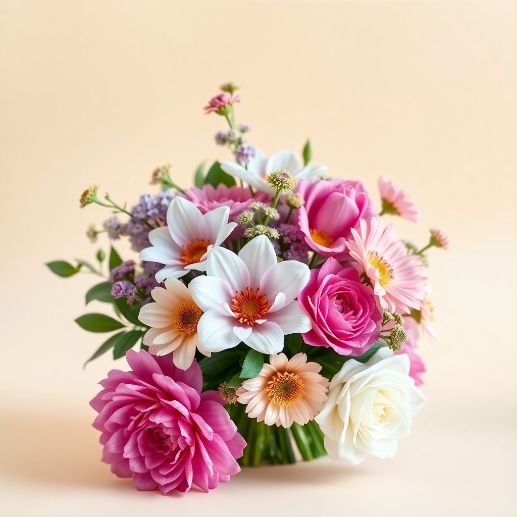 Clean e-commerce product photography of a luxury seasonal flower bouquet on a cream background, professional studio lighting, soft pastel colors.