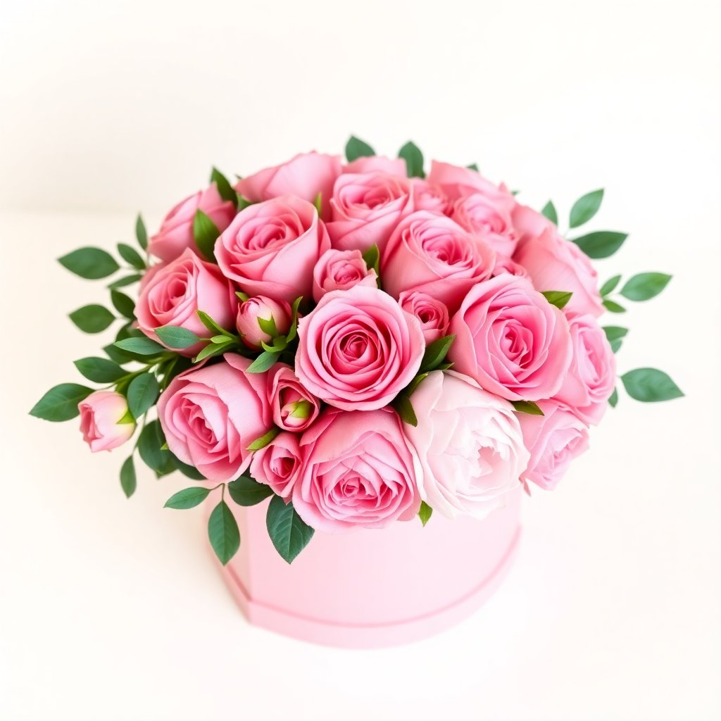Elegant flower box with pink roses and peonies, professional product shot, white and cream background, high quality.