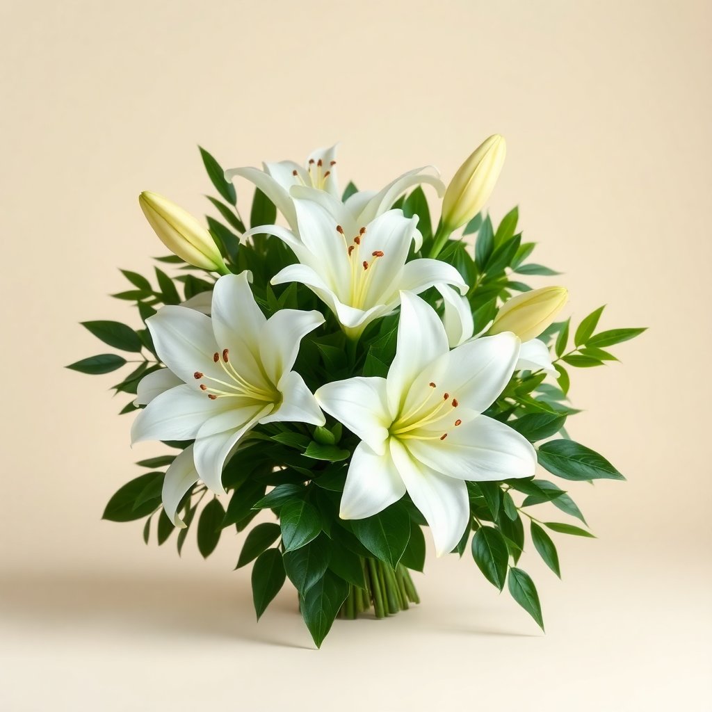 Luxury bouquet of white lilies and green foliage, studio lighting, cream background, minimalist elegant style.