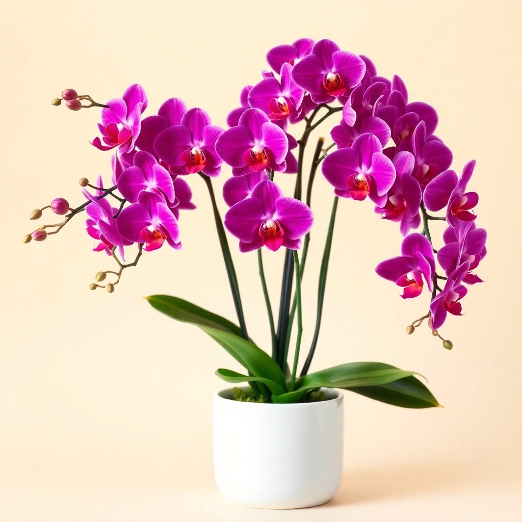 Potted orchid plant, luxury variety, professional studio photography, soft lighting, cream background.