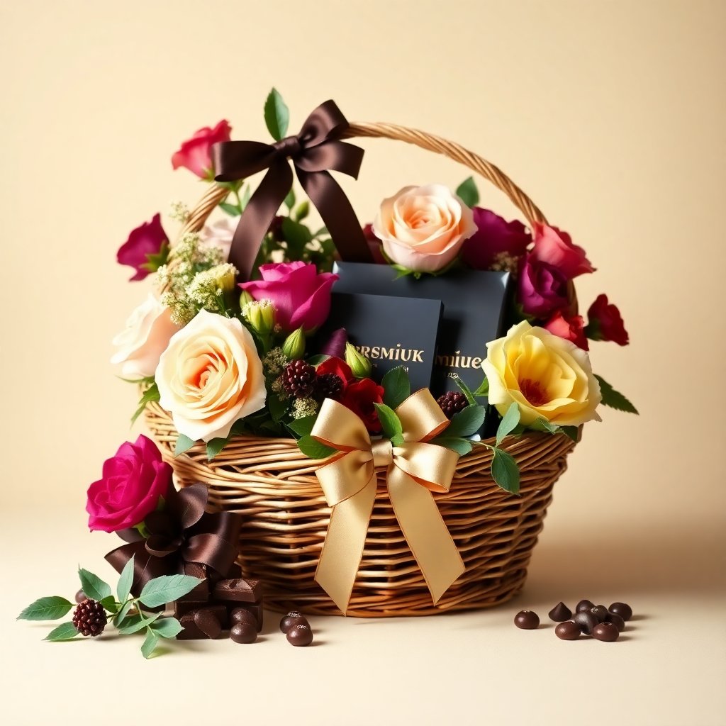 Gift basket with flowers and premium chocolate, elegant presentation, studio lighting, cream background.