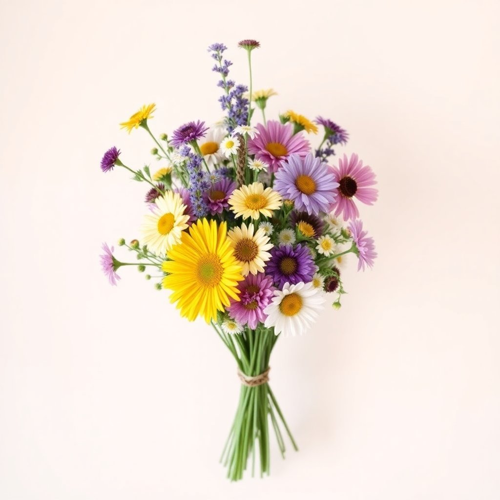Wildflower bouquet in a rustic style, professional product photography, cream background, natural colors.