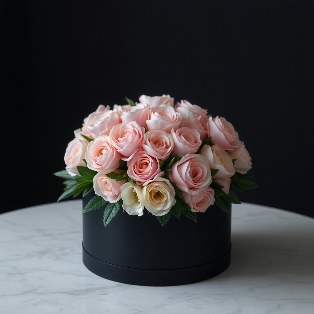 Luxury circular black flower box filled with pastel pink ranunculus and roses, placed on a marble table, dark moody background, studio lighting.