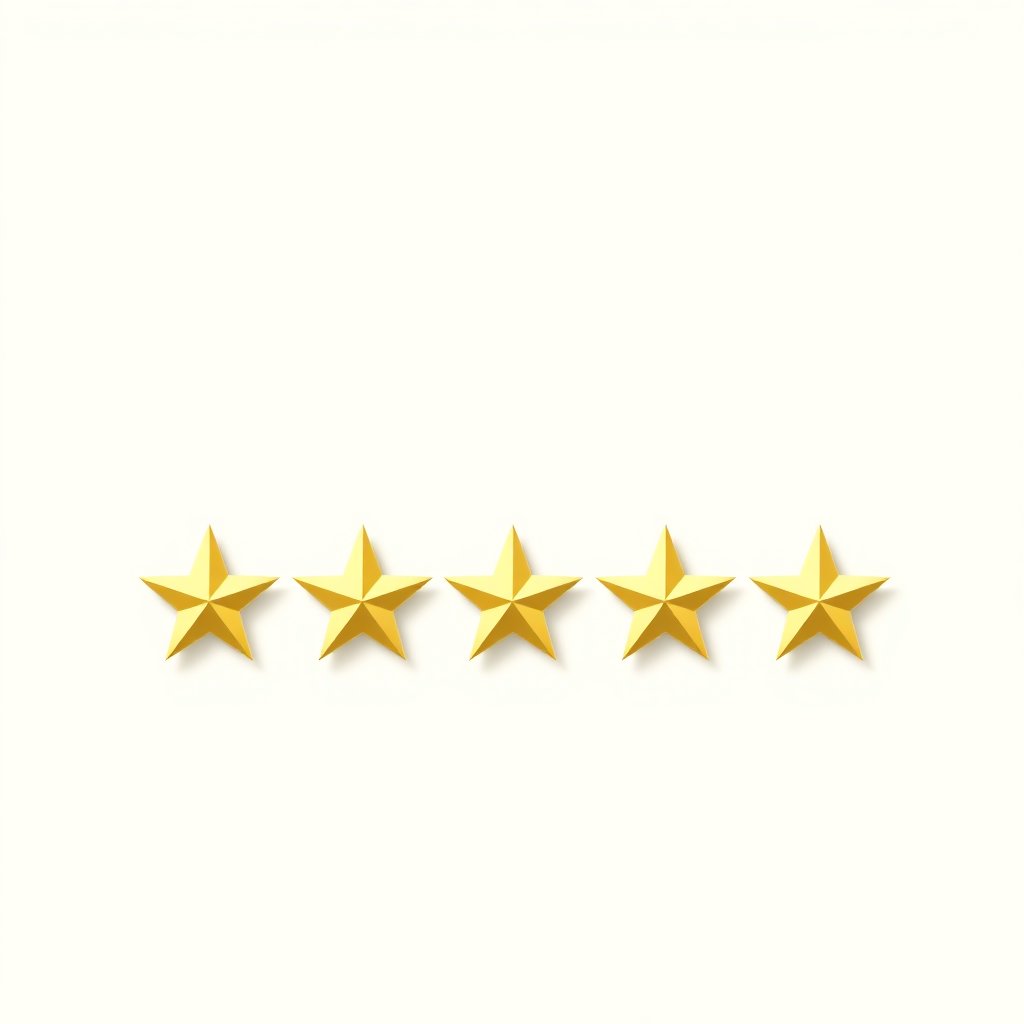 Five stars rating graphic, elegant gold stars on a cream background with soft floral shadows.